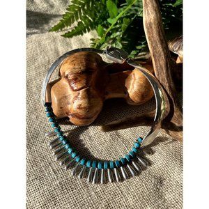 Vintage ESTATE 925 Silver Collar Necklace Alternating Turquoise Beads / Tear Dro